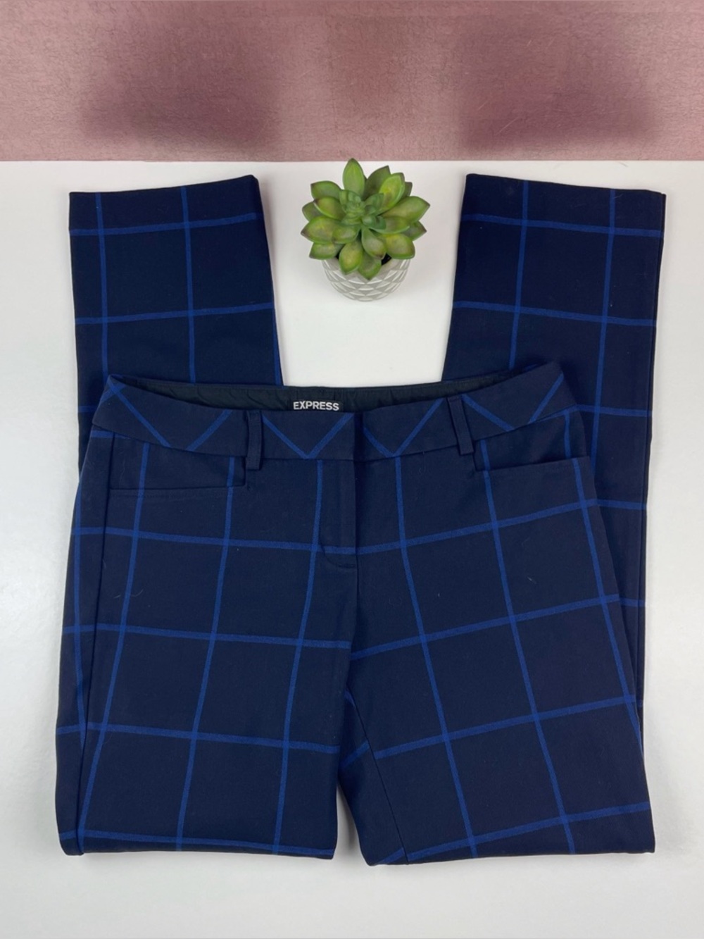 Express Columnist Blue Navy Blue Check Square Dress Pants Women Size 4